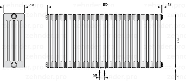 Схема (чертеж) Радиатор Zehnder Charleston 6110/25 №5410 Белый глянцевый RAL 9016